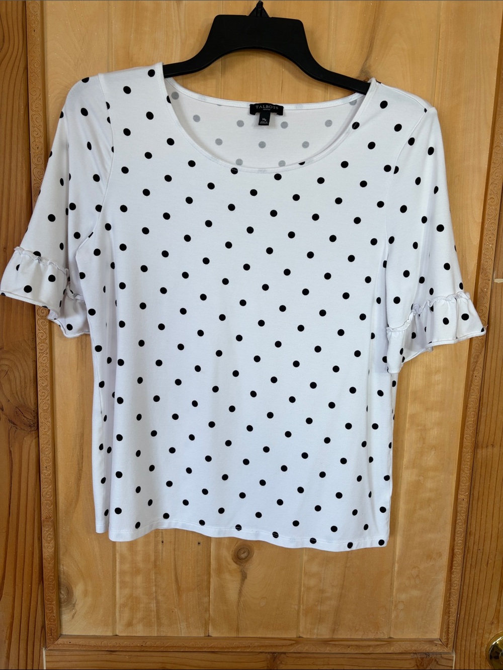 Talbots White Top with Black Polka Dots and Ruffle Sleeves
